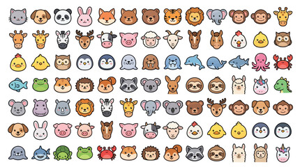 Fototapeta premium Collection of cute cartoon animal face icons with various mammals birds and sea creatures in kawaii sticker style, perfect for educational materials, app stickers and kids graphic projects