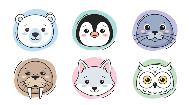 Set of cute arctic animal avatars including polar bear penguin seal walrus wolf and owl in circle frames, perfect for children stickers, nursery room decor and education materials