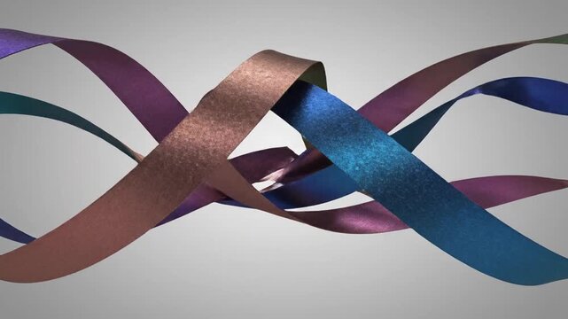 Dynamic 3D rendered metallic ribbons flow and intertwine against a neutral grey background
