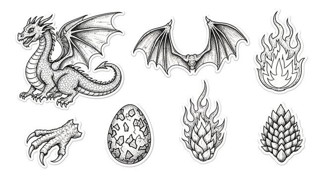Collection of fantasy dragon illustrations and symbols.