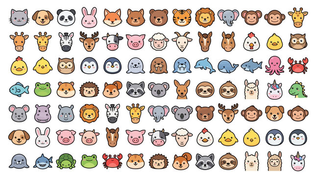 Collection of cute cartoon animal face icons with various mammals birds and sea creatures in kawaii sticker style, perfect for educational materials, app stickers and kids graphic projects