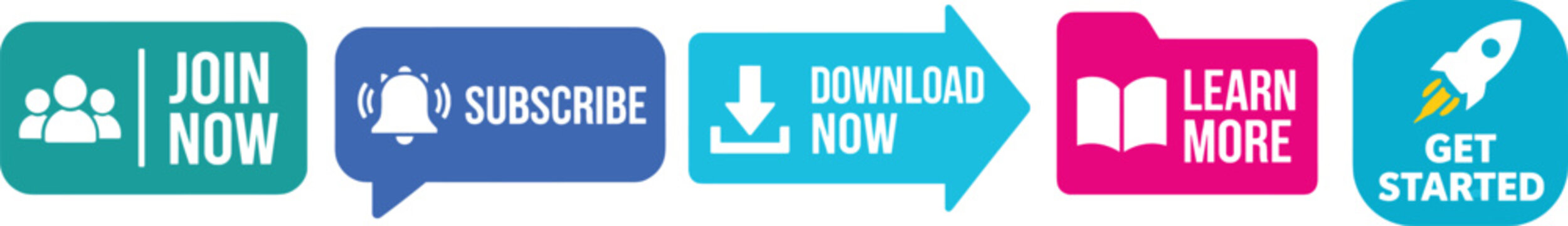 Call to action buttons join now subscribe download learn more get started icons.