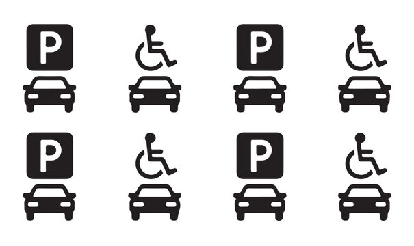 Parking symbols with disabled access sign and cars on white background set.
