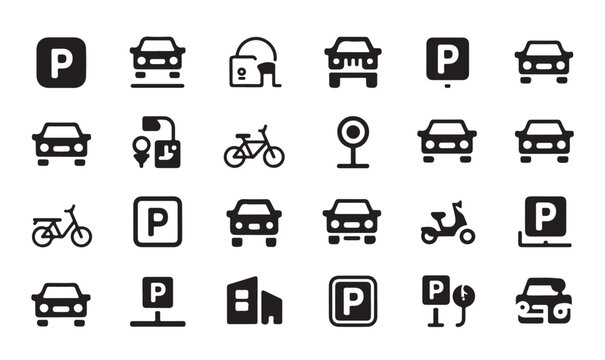 Set of diverse parking related icons including cars bicycles and payment station.