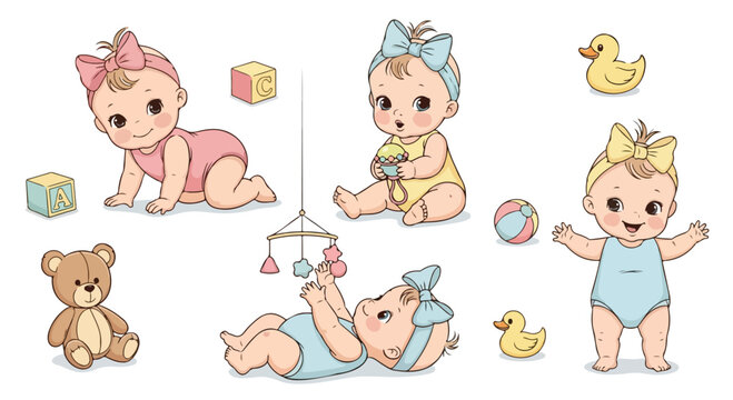 Cute baby character set with 6 vector illustrations, adorable infant boy and girl in various poses, sleeping and crawling newborn collection for nursery decor