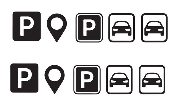 Compilation of parking and location marker icons in black for digital and print.