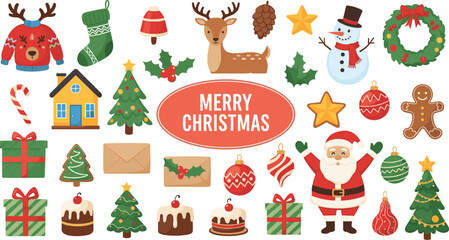 Fototapeta premium Merry Christmas Icon Set with Gifts, Santa, Trees, Ornaments, and Holiday Decorations for Festive Designs