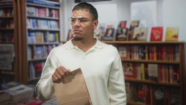 Man holding a paper bag by one hand while lifting his other hand toward his head in a bookstore building among shelves of books; uncertainty pause.