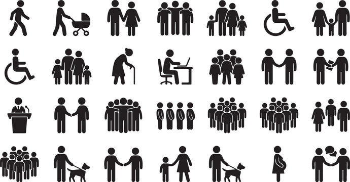 Set of people and family silhouette icons including groups relationships disability community pets and social interaction vector illustration