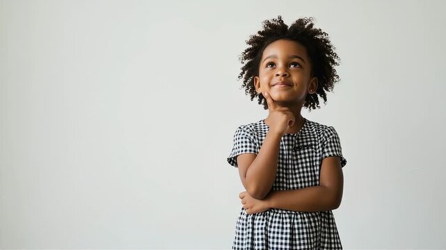 A young girl looks up, smiling and deep in thought.