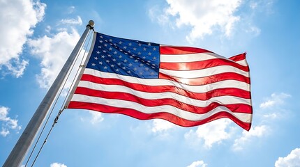 Obraz premium American flag waving proudly in the sky with a clear blue sky and fluffy clouds