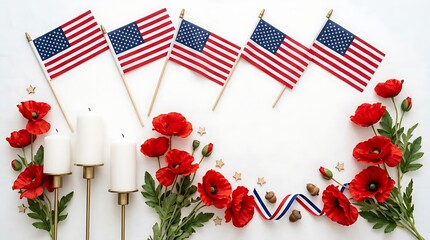 Obraz premium Patriotic arrangement of American flags, red poppies, and glowing candles, symbolizing national remembrance and tribute on a clean white background