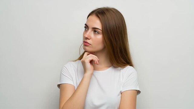 A young woman, with her hand on her chin and looking to the side, deep in thought.
