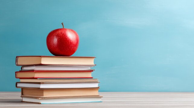 Colorful stack of educational books with fresh red apple on top against blue background, academic learning and back to school concept featuring classroom study materials, knowledge resources and stude