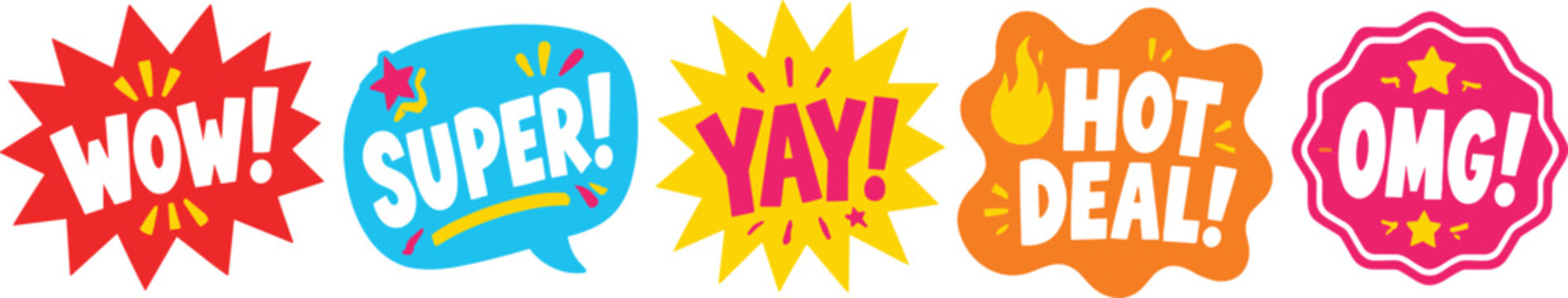 Collection of comic style speech bubbles with words wow super yay hot deal omg and stars.