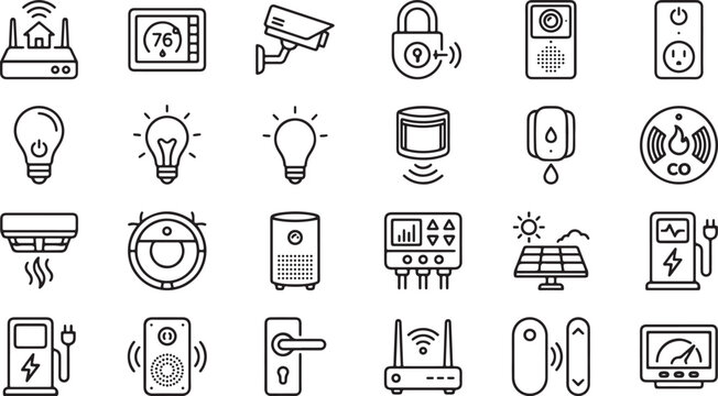 Set of smart home and energy line icons including devices automation security sensors lighting and renewable power technology elements vector illustration