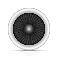 Front view of an airplane jet engine on a white background, modern design. © Sky