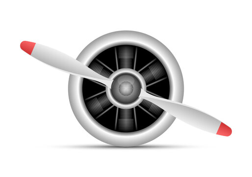 Airplane Propeller: Front view of an aircraft propeller with a silver motor.