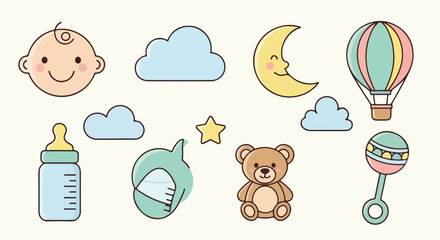 Cute baby shower vector icons set, pastel nursery elements with teddy bear and moon, newborn infant clip art collection for greeting cards © stcok victer cenva