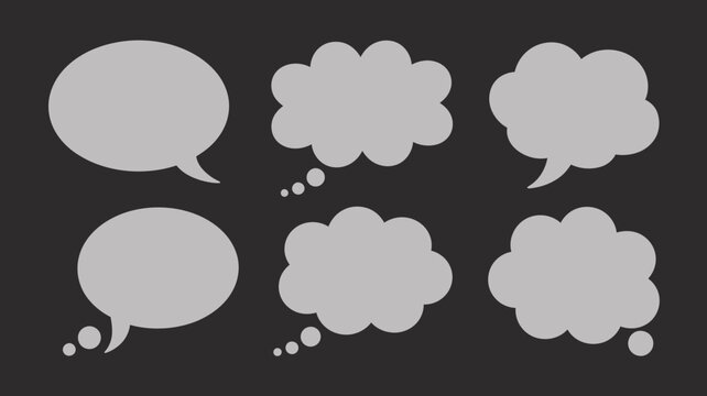 A collection of six gray speech bubbles and thought bubbles are displayed against a dark solid black background offering versatile communication imagery high quality professional detailed