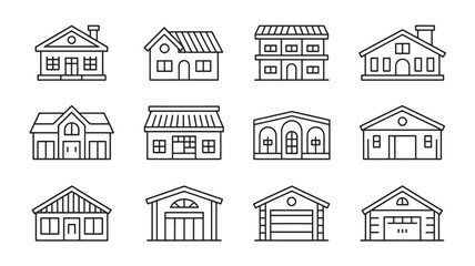 Fototapeta premium A collection of simple linear house icons showcases various architectural styles and rooflines in a minimalist design high quality professional detailed modern elegant stylish clean crisp
