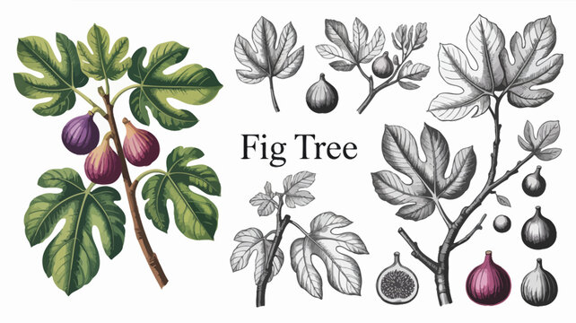 An illustrated botanical depiction showcases various parts of a fig tree including leaves branches whole figs and a cross section high quality professional detailed modern elegant