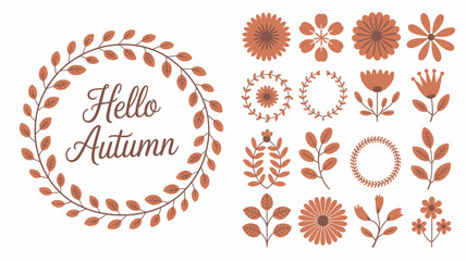An autumnal design features a wreath and scattered floral elements in warm terracotta tones alongside a greeting for the fall season high quality professional detailed modern © Iconhub