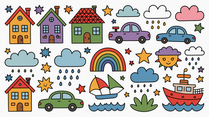 Naklejka premium A colorful doodle illustration depicts houses cars a boat rainbow clouds and stars in a whimsical childlike style high quality professional detailed modern elegant stylish clean