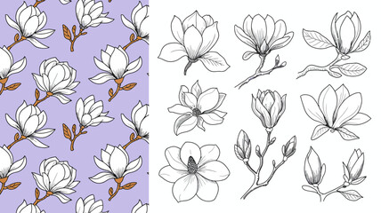 A floral composition showcases white magnolia blossoms against a pale purple backdrop with detailed botanical illustrations on the right high quality professional modern elegant stylish clean © Iconhub