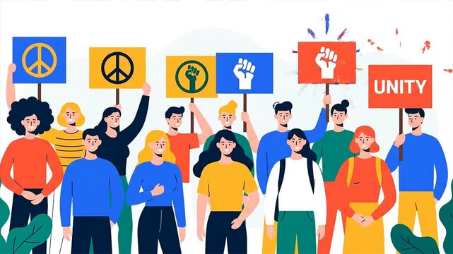 Diverse group of people protesting for peace and unity.