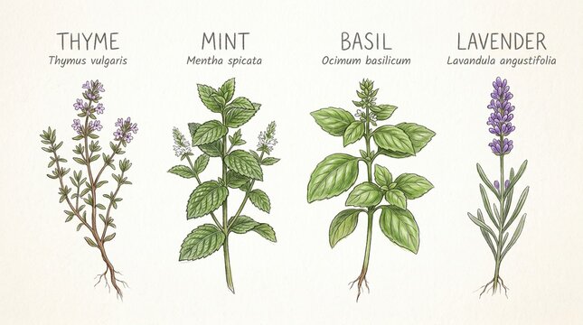 Collection of culinary herbs including thyme mint basil and lavender illustrated with botanical details and scientific names for cooking and aromatherapy
