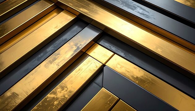 Interlocking gold and dark grey metallic bars create a geometric, textured abstract pattern