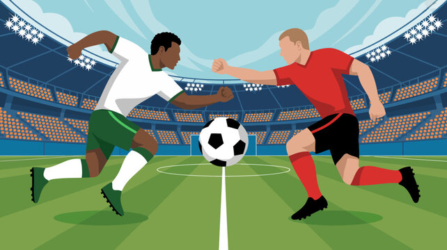 Two soccer players compete for possession of the ball in a vibrant illustrated stadium setting with a cheering crowd high quality professional detailed modern elegant stylish