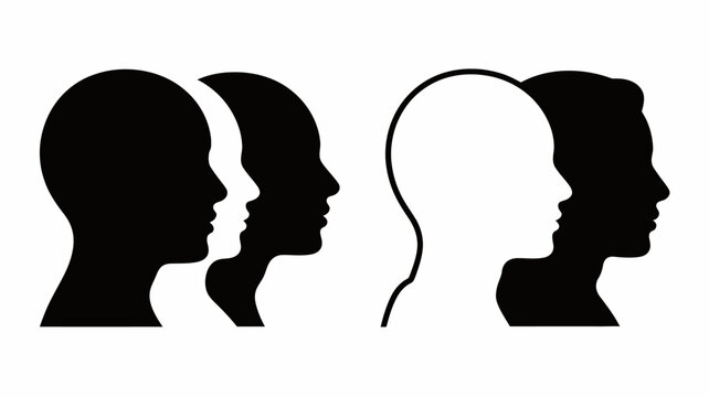Four silhouetted profiles of heads are displayed depicting connection and communication through a flowing curved line high quality professional detailed modern elegant stylish clean crisp vibrant
