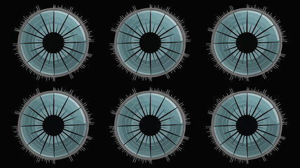 A striking arrangement of six highly detailed teal colored irises dominates a black background creating a symmetrical and somewhat unsettling visual high quality professional modern elegant © Iconhub