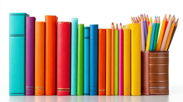 Colorful stack of school books with vibrant pencils isolated on white background, educational learning supplies arrangement for classroom study, back to school concept with academic stationery and stu