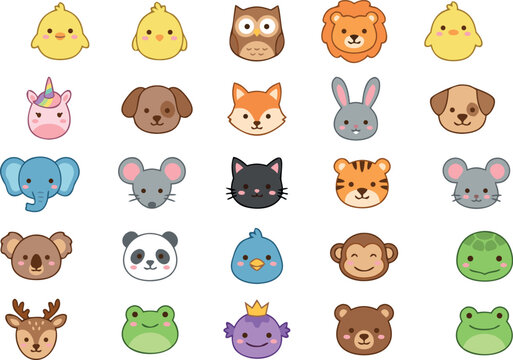 Large Collection Of Cute Animal Faces Including Lion Panda Koala Tiger And Elephant Vector Cartoon Avatar Illustration