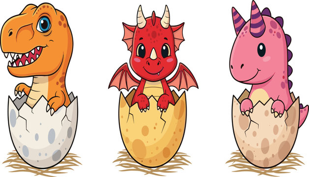 Cute Baby Dinosaur and Dragon Hatching from Eggs &ndash; Orange T-Rex, Red Dragon, and Pink Unicorn Dino Set