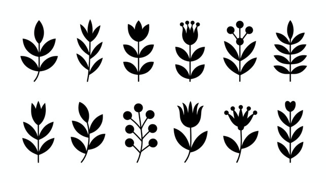 A collection of stylized black floral and botanical elements arranged in two rows presenting various leaf and blossom shapes high quality professional detailed modern elegant stylish