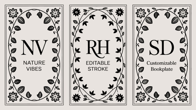 Three rectangular frames display floral designs with letter combinations nv rh and sd and accompanying text high quality professional detailed modern elegant stylish clean crisp vibrant
