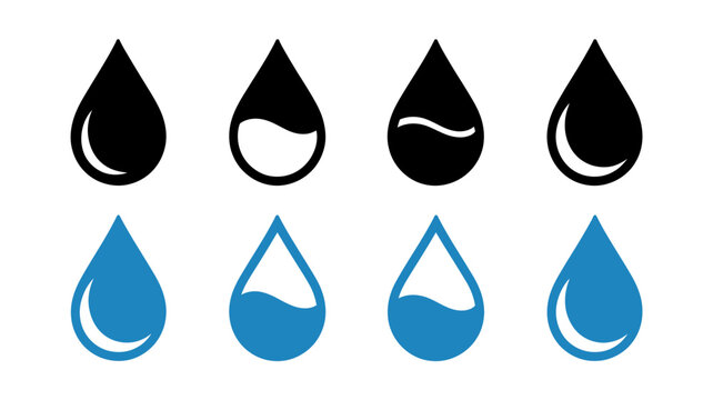 A collection of stylized water droplets is displayed featuring both black and blue variations with differing internal designs high quality professional detailed modern elegant stylish clean