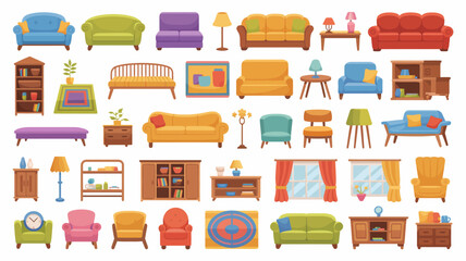 An illustrated collection of various home furnishings including sofas chairs tables and decorative elements arranged in rows high quality professional detailed modern elegant stylish clean crisp © Iconhub