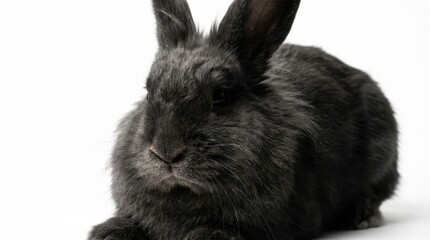 Obraz premium Close-up of a charming fluffy dark grey rabbit with soft fur, isolated on a clean white background, creating a minimalist and endearing pet portrait perfect for Easter or animal-related themes.