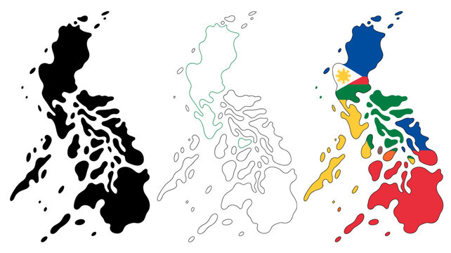 Three depictions of the philippine archipelago are shown a solid black silhouette a white outline and a colored map high quality professional detailed modern elegant stylish