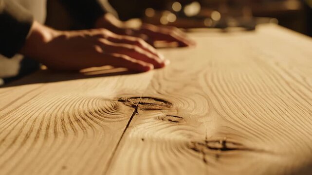 Wooden Table Hands Moving Closeup in Warm Workshop