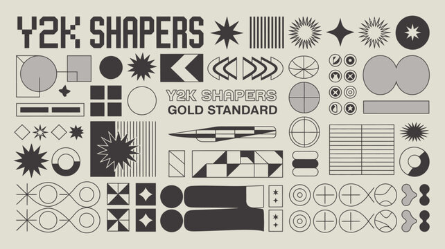 A collection of retro y2k inspired geometric shapes and designs in black and white arranged in a playful standard pattern high quality professional detailed modern elegant