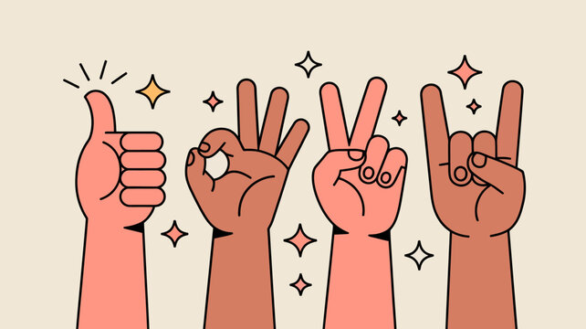 A colorful illustration depicts five diverse hands making different hand gestures including a thumbs up peace sign and rock on sign high quality professional detailed modern
