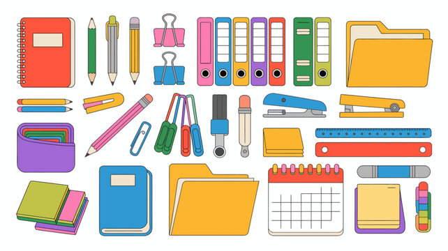 A colorful assortment of common office and school supplies are neatly arranged including notebooks pens pencils and file folders high quality professional detailed modern elegant stylish