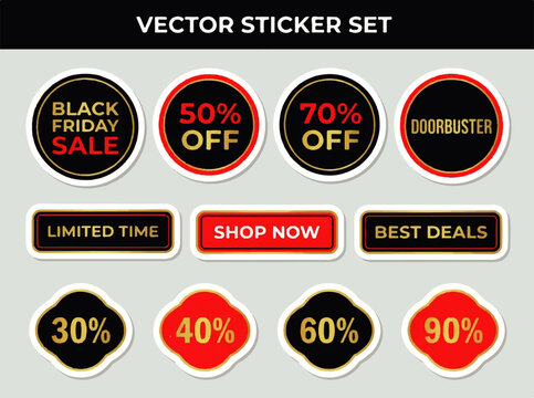 Vibrant E-commerce Sales and Discount Vector Sticker Set with Black Friday and Limited Time Offers for Online Shopping Promotions