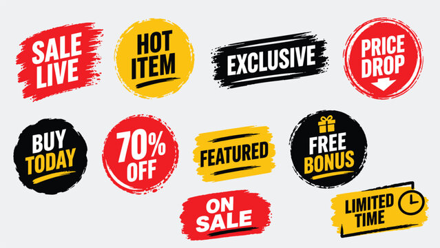 Collection of ten grunge sale and offer labels with text like sale live, hot item and free bonus.